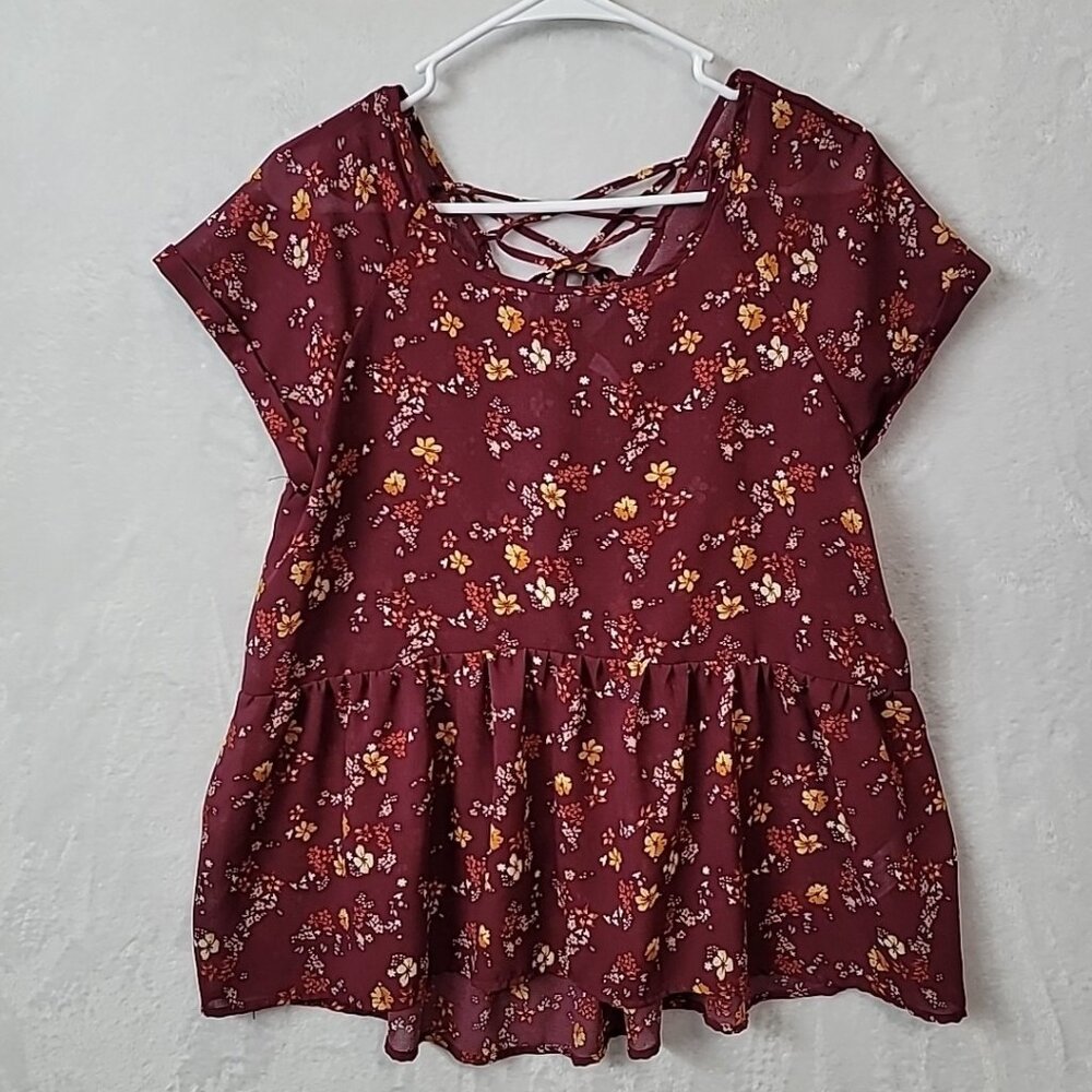 Xhilaration Burgundy Wine Floral Lace Up Back Peplum Blouse Women's Size Med